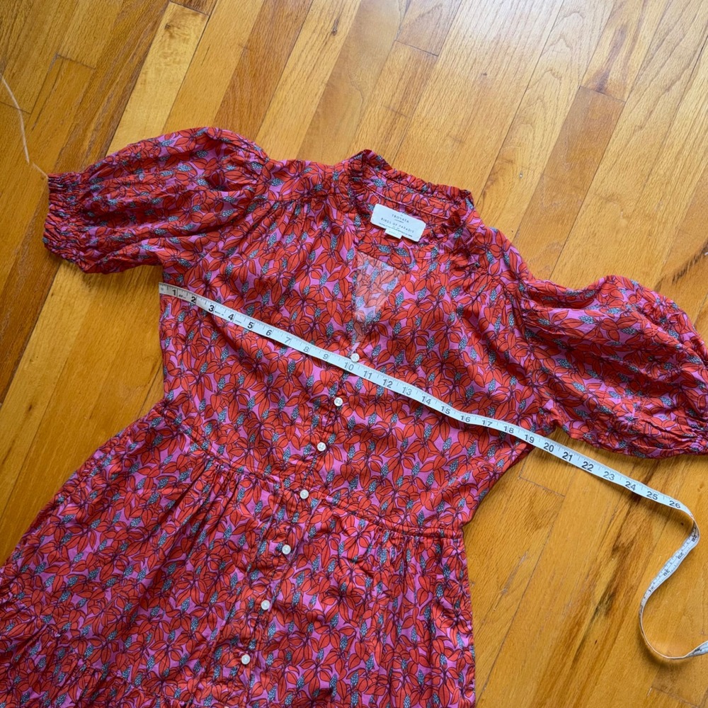 Trovata Birds of Paradis Red Pink Floral Cotton Puff Sleeve Mini Dress S Cottage - Picture 6 of 9